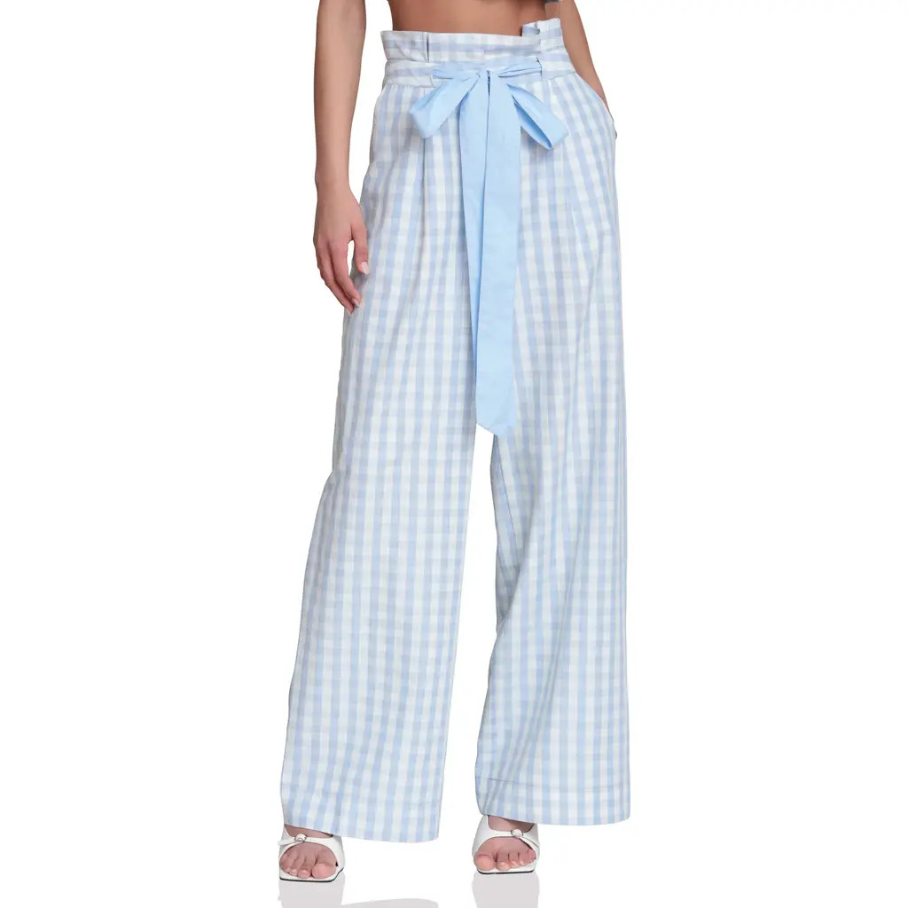 Avec Les Filles Tie Waist Wide Leg Pants in Light Blue Gingham at Nordstrom, Size 4 | Nordstrom