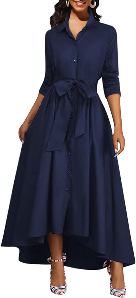 Women's Button Down T-Shirt Dress Casual High Low V Neck Loose Long Dress with Belts | Amazon (US)
