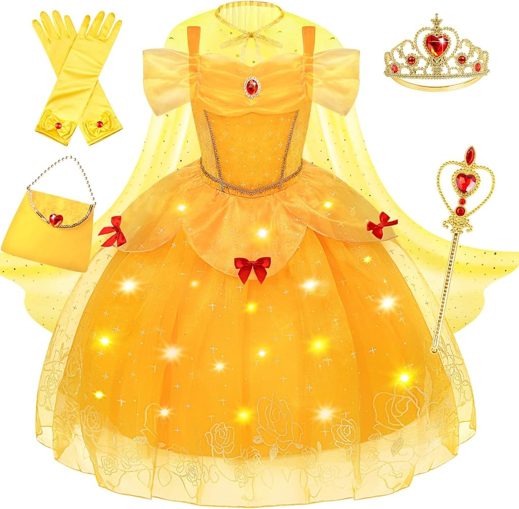 Princess Dress Up for Girls, Light Up Halloween Costume Princess Dress with Cape Princess Crown Gloves Wand Bag Gifts for Toddler Girls 5-8 Yellow | Amazon (US)