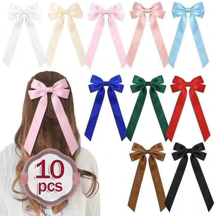 10PCS/pack Silky Satin Hair Bows Hair Ribbon Clips for women Ponytail Holder Hair Accessories All... | SHEIN