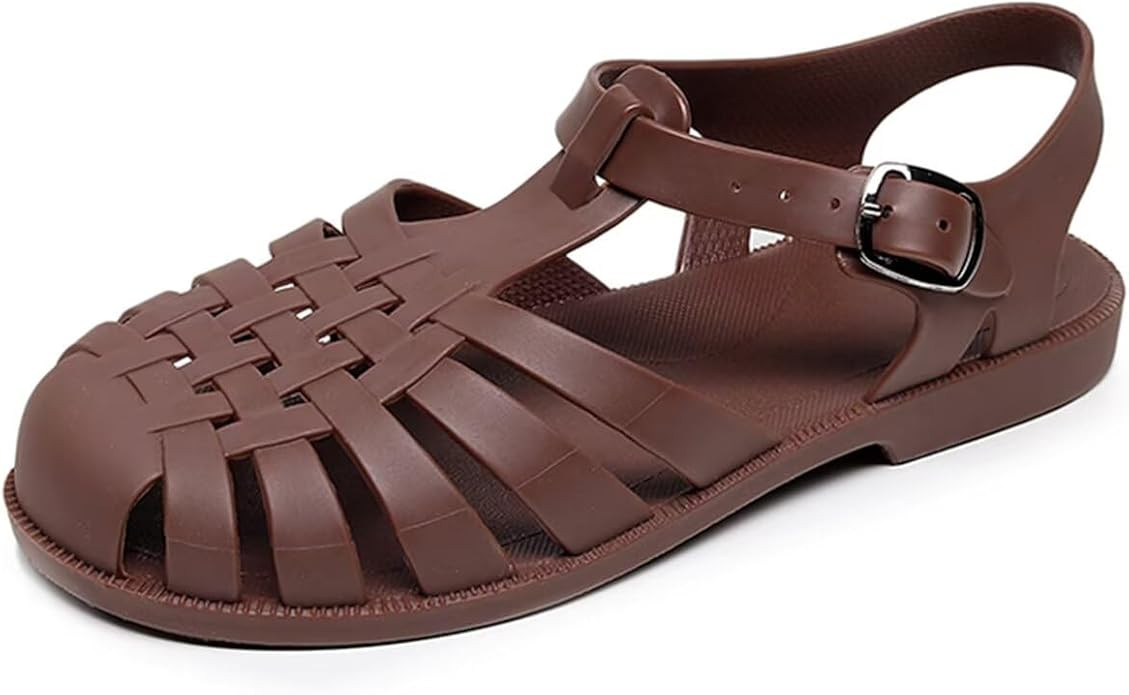 LUXINYU Women Jelly Sandals Adjustable Buckle T-Strap Round Toe Slingback Bling Flats Summer Fish... | Amazon (US)