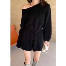 Drawstring Waist Rib Knit Playsuit in Black | Chicwish