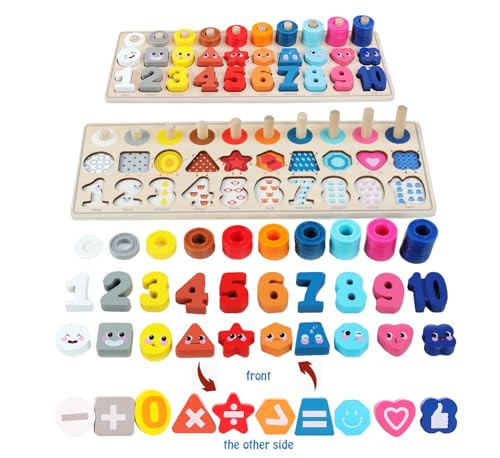 QZMTOY Wooden Montessori Toys for Kids, Toddler Number Puzzles Sorter Counting Shape Stacker Stacking Game Preschool Toys for Boy Girl Learning Education Math Blocks Chunky Puzzles Gift for Toddlers | Amazon (US)
