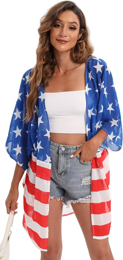 DDSOL Women's American Flag Kimono Cover up Beachwear Cardigan Loose Tops Shirt Blouse | Amazon (US)