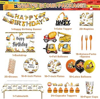 191 Pcs Construction Excavator Boys Kids Birthday Party Supplies Kit for 16 Guests - Includes Ban... | Amazon (US)