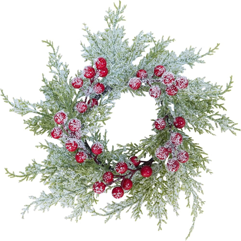 Winlyn 4 Pcs Artificial Snowy Cedar Candle Rings Red Berry Christmas Candle Holder Wreath Rings M... | Amazon (US)