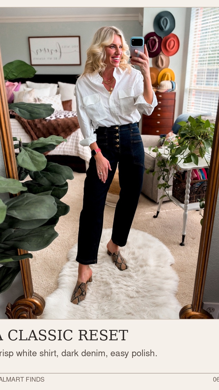 A utility white button-down and dark denim will always be a good idea 🤍 The gold button details and barrel leg silhouette give this classic @Walmart  look a little personality.

#LTKootd #LTKOver40 #LTKWorkwear