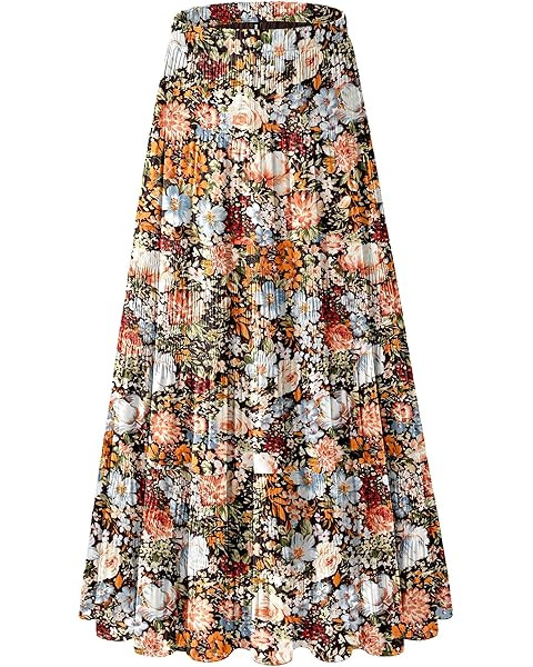 NASHALYLY Women's Chiffon Elastic High Waist Pleated A-Line Flared Maxi Skirts | Amazon (US)