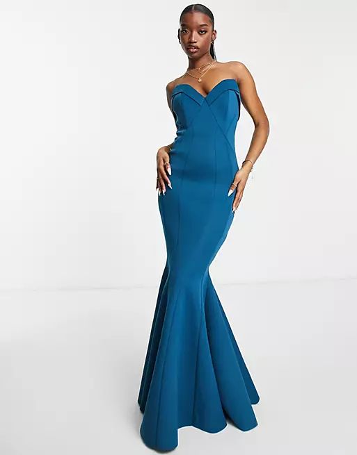 ASOS DESIGN fishtail sweetheart neck maxi dress in blue | ASOS (Global)