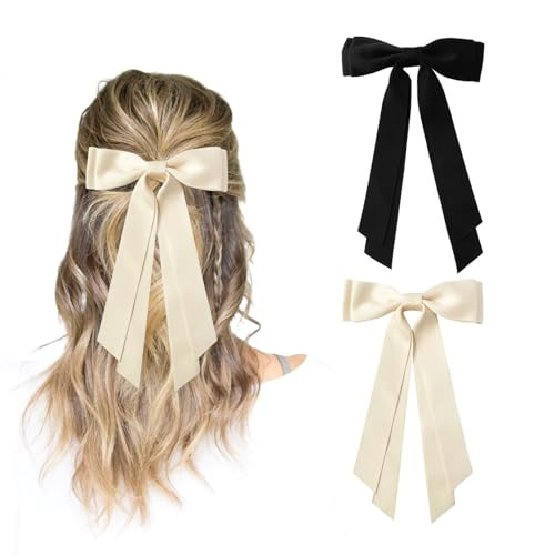 Black and Beige Hair Bows for Women - 2pcs Silky Satin Women Hair Bow Clips Ponytail Holders Hair Ribbon for Women Girls | Amazon (US)