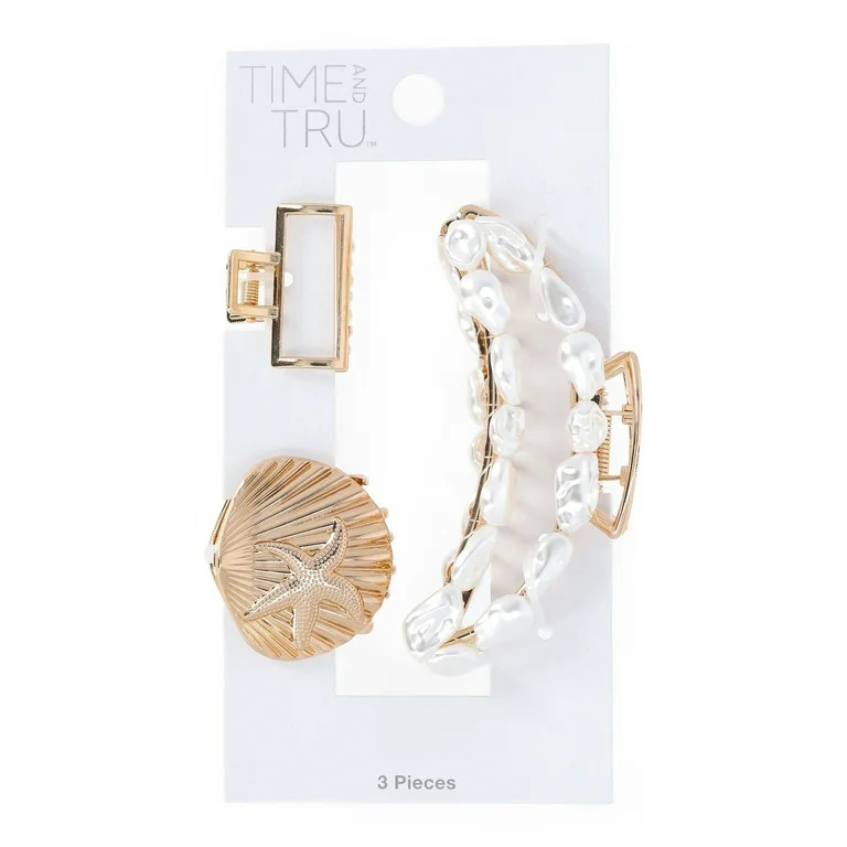Time and Tru Women's Gold Tone Metal Claw Clip Set with Faux Pearl Embellishments, 3-Piece | Walmart (US)