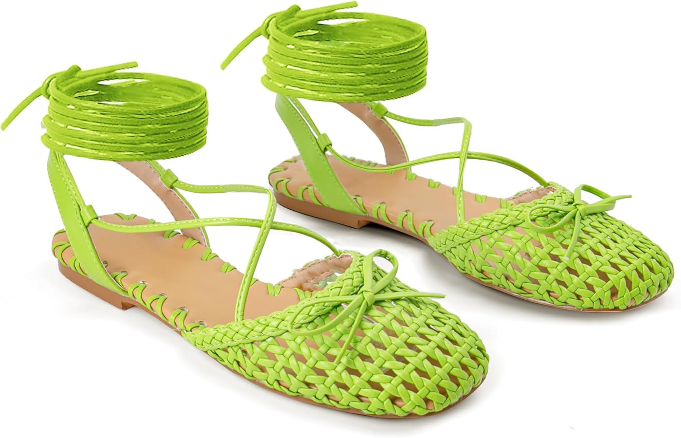 Woven Ballet Flats for Women Lace Up Closed Square Toe Summer Flats Shoes | Amazon (US)