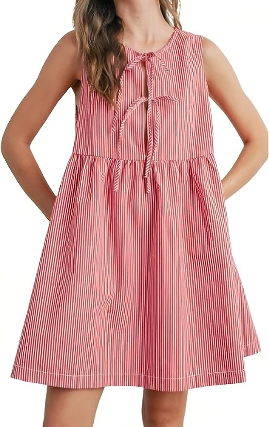 Womens Mini Red Stripe Bowknot Dress Round Neck Sleeveless A Line Casual Dresses | Amazon (US)