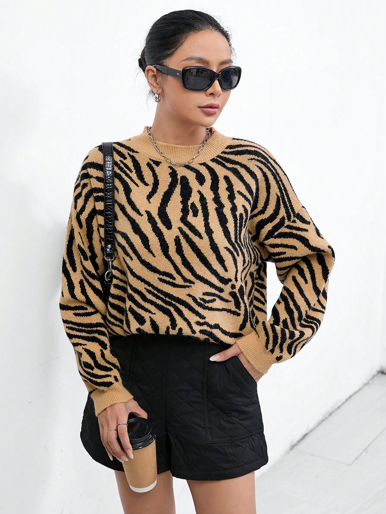 SHEIN Essnce Zebra Striped Pattern Drop Shoulder Sweater | SHEIN