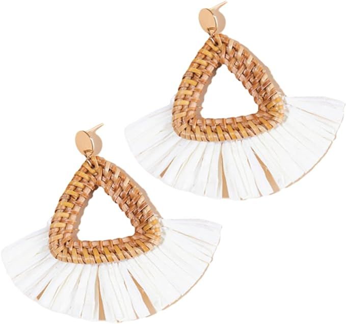 Rattan Earrings Geometry Tassel Drop Earring for Women Girl Suitable for everyday and vacation | Amazon (US)