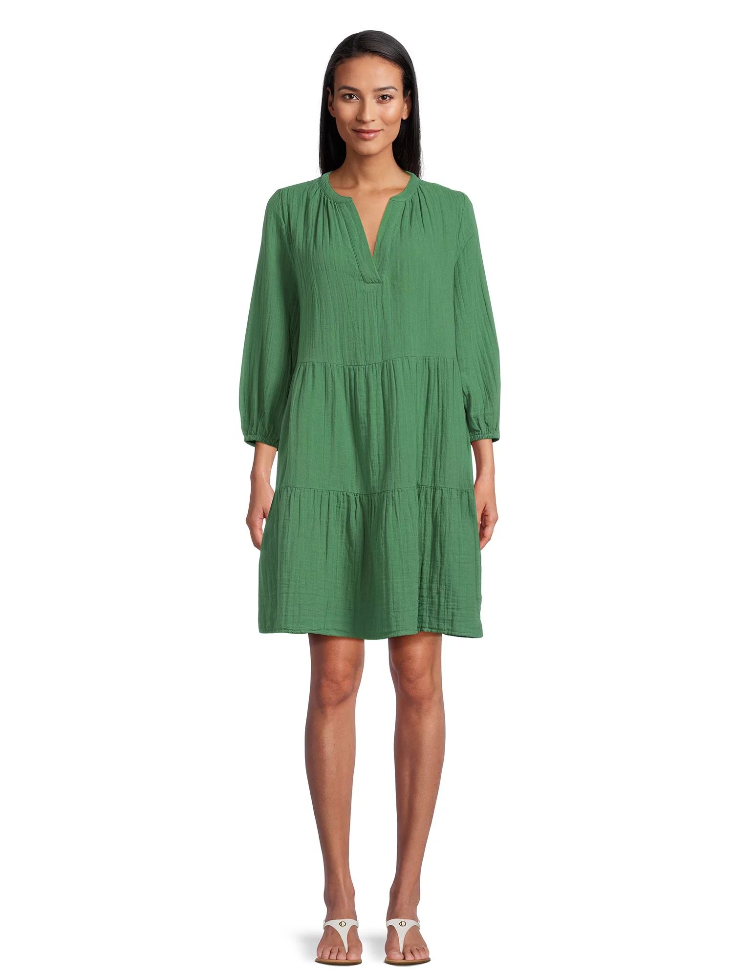 Time and Tru Women's Long Sleeve Tiered Double Cloth Dress, Sizes XS-XXXL | Walmart (US)