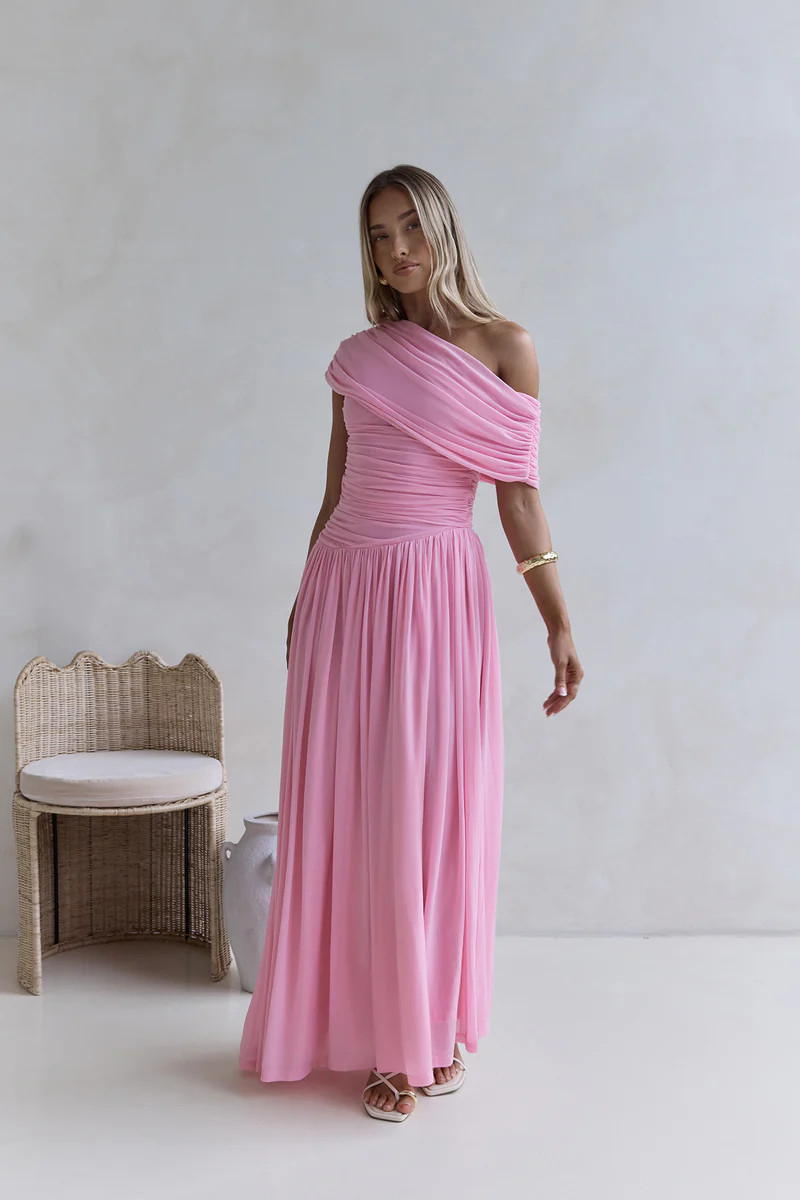 Hidden Flair One Shoulder Mesh Maxi Dress Pink | Fortunate One