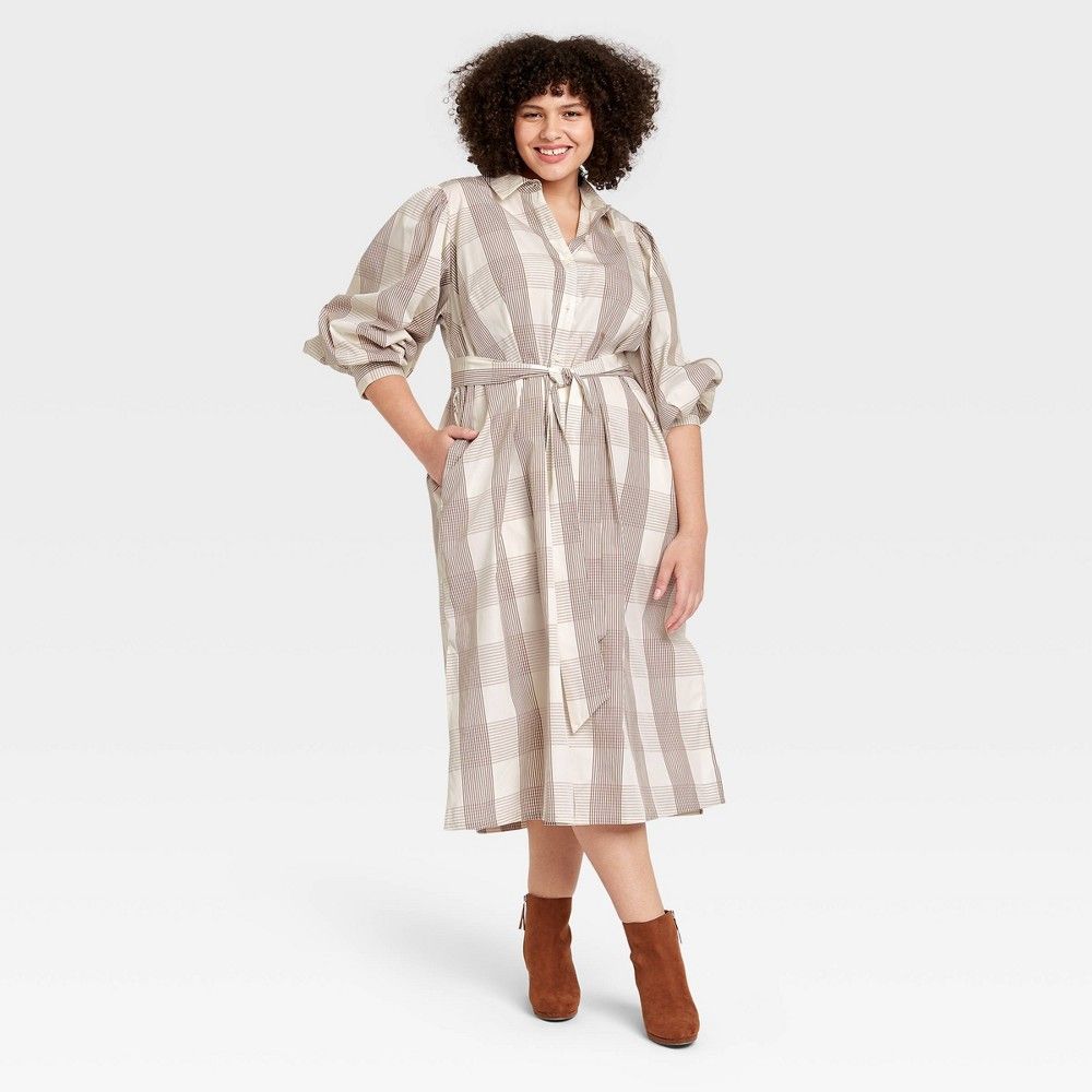 Women's Plus Size Gingham Long Sleeve High Cuff Shirtdress - A New Day Cream 4X, Ivory | Target