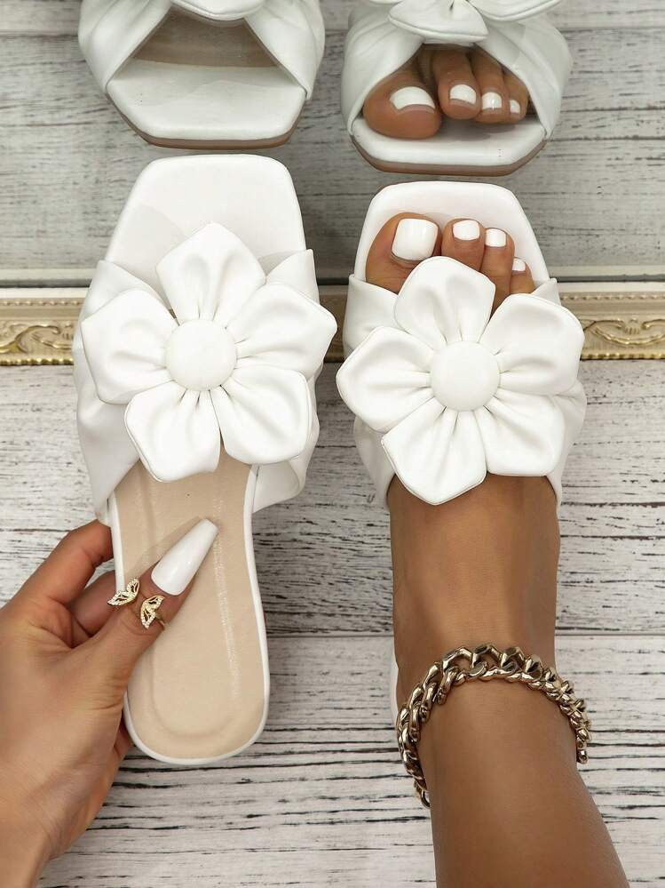 LAUREN WEAL Women's Minimalist Comfortable White Golden Thread Flower Pointed Toe Beach Slide San... | SHEIN
