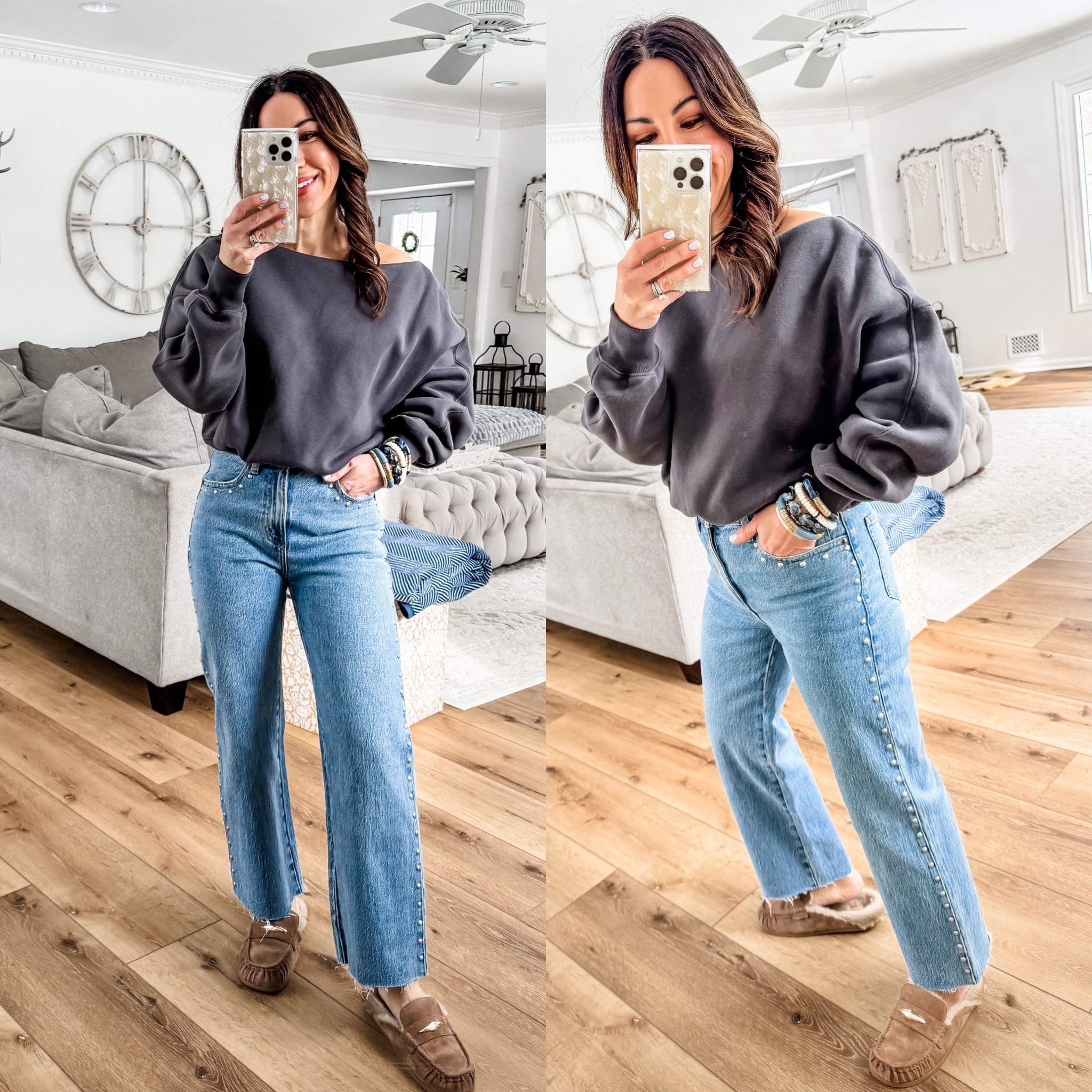 Abercrombie code DENIMAF. 25 studded jeans. I cut them. Small off the shoulder sweatshirt. Shoes size down.





#LTKOver40 #LTKPetite #LTKSaleAlert