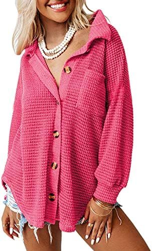 Dokotoo Womens Waffle Knit Shacket Jacket Casual Long Sleeve Button Down Shirts Dressy Blouses To... | Amazon (US)