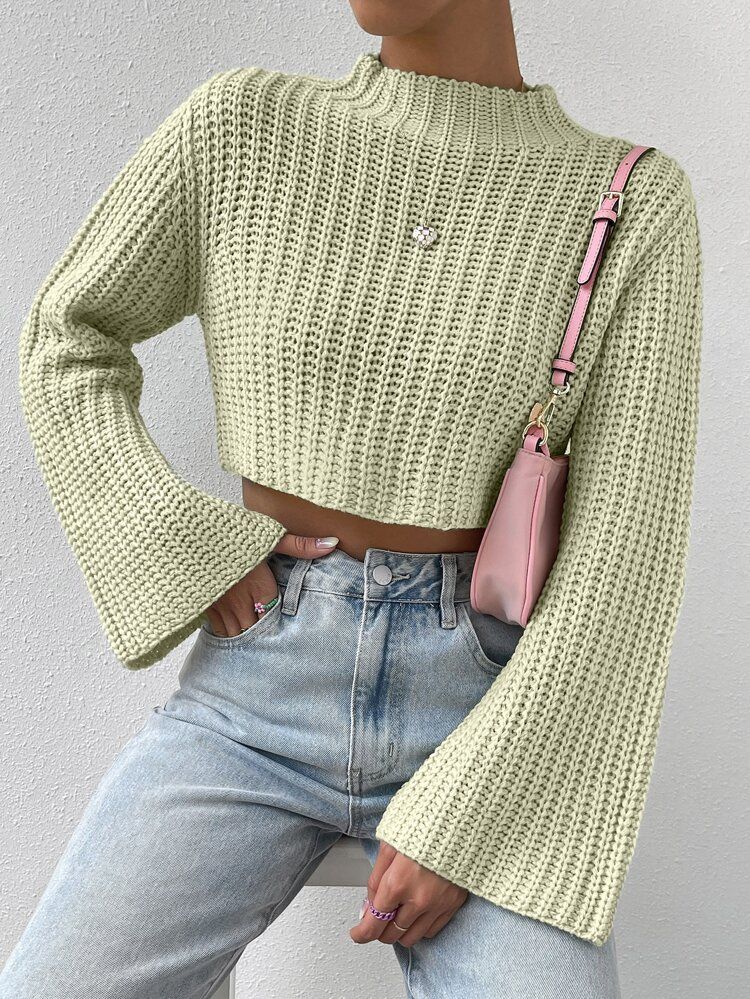 Mock Neck Trumpet Sleeve Crop Sweater | SHEIN