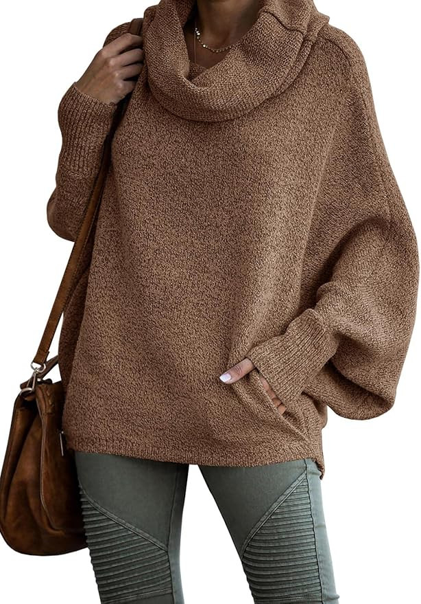 Womens Cowl Neck Pullover Sweater with Pockets Batwing Long Sleeve Sweatshirts Casual Lantern Tur... | Amazon (US)