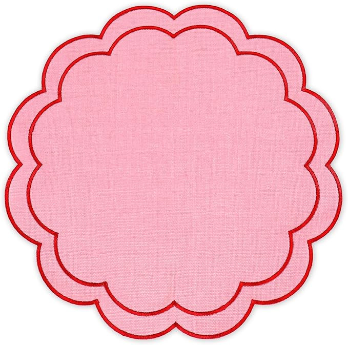Whaline Pink Red Linen Placemats Embroidered Round Scalloped Kitchen Place Mats for Wedding Baby ... | Amazon (US)