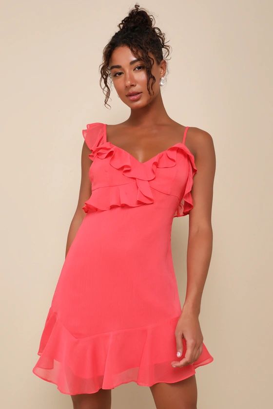 Captivating Always Coral Pink Ruffled Asymmetrical Mini Dress | Lulus