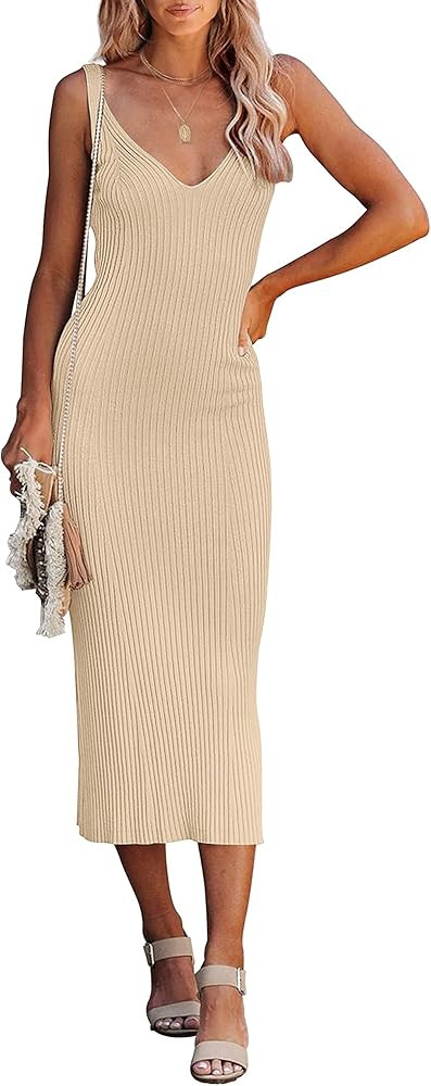 MEROKEETY Womens 2024 Summer V Neck Knit Midi Dress Bodycon Sleeveless Ribbed Sweater Dresses | Amazon (US)