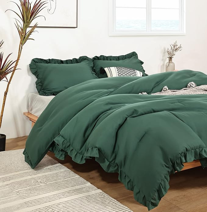 JANZAA Ruffle Green Comforter Set Queen Size Comforter 3PCS 1 Emerald Comforter and 2 Pillowcases... | Amazon (US)