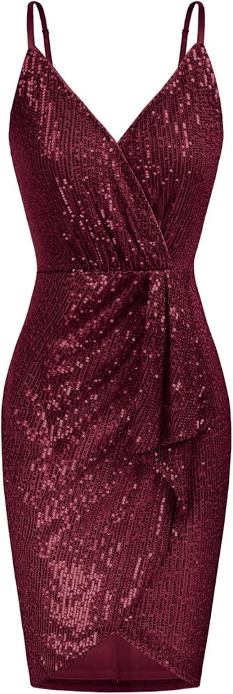 GRACE KARIN Women's Sexy Sequin Dress Wrap V-Neck Ruched Bodycon Spaghetti Straps Cocktail Party ... | Amazon (US)