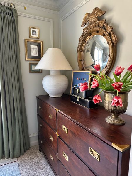 Leo’s bedroom, preppy decor, Ralph Lauren, traditional home, dresser, oushak area rug, curtains, velvet, Ballard designs, amazon tulips 

#LTKhome