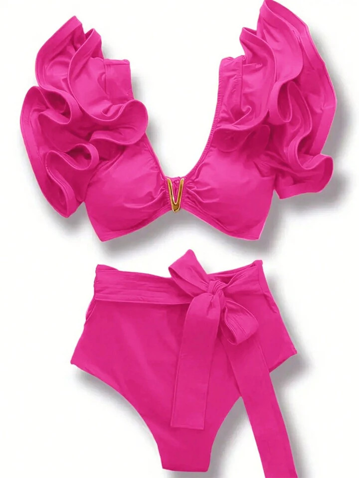 SHEIN Swim Ladies' Holiday Solid Color Splicing Ruffle Hem Sexy Bikini Set, Separated Bikini Set,... | SHEIN