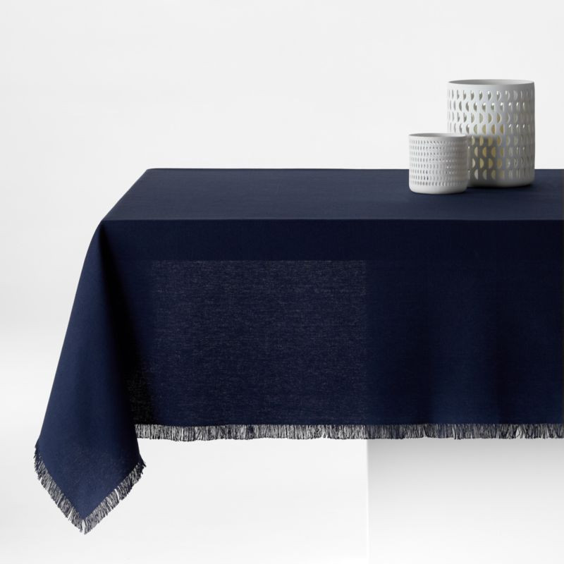 Craft Indigo Cotton Fringe Tablecloth | Crate and Barrel | Crate & Barrel