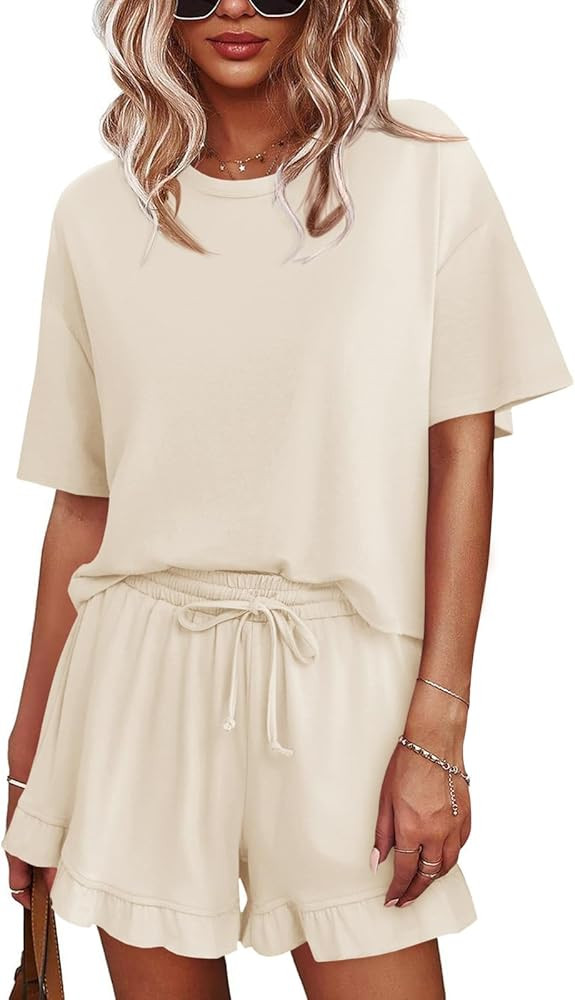 Tankaneo Womens Pajamas Set Lounge Sets Cropped Short Sleeve T Shirts Drawstring Ruffle Shorts So... | Amazon (US)