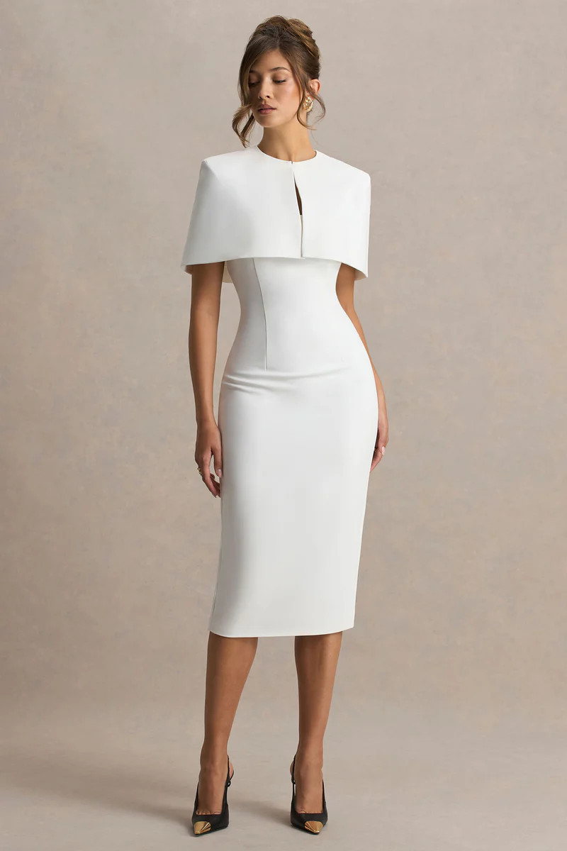 Baylor | White Midi-Dress With Removable Cape | Club L London