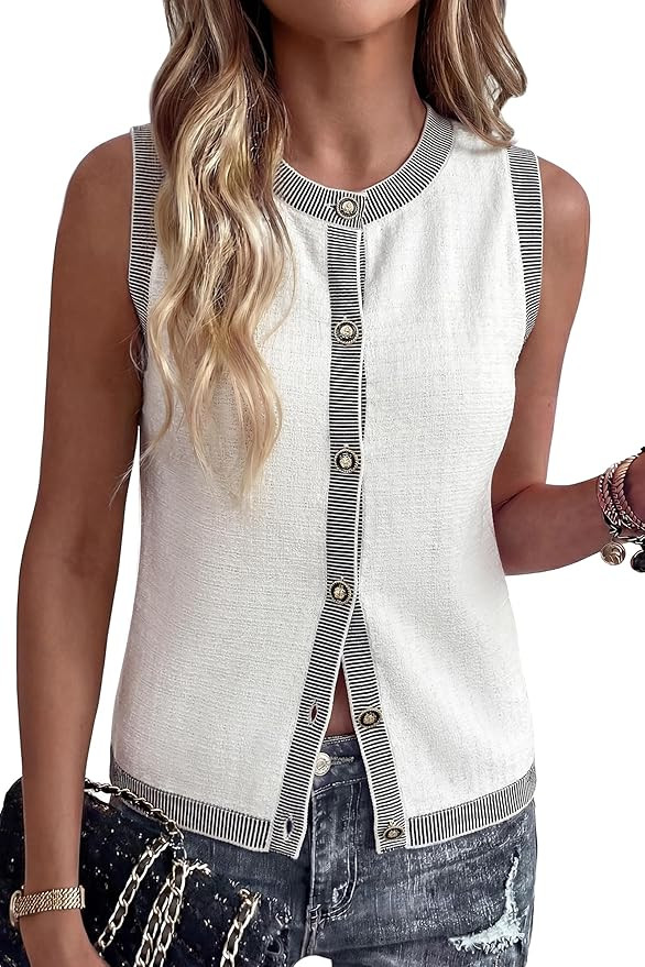Arach&Cloz Women's 100% Cotton Crewneck Business Casual Contrast Trim Button Front Sweater Vests ... | Amazon (US)