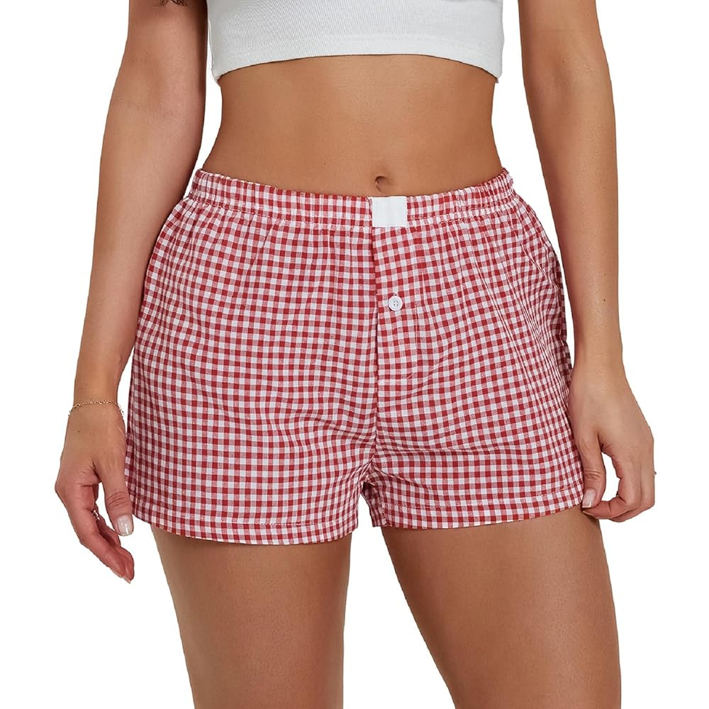 Women Y2k Plaid Elastic Waisted Gingham Pajama Shorts Boxers Lounge Sleep Bottoms | Amazon (US)