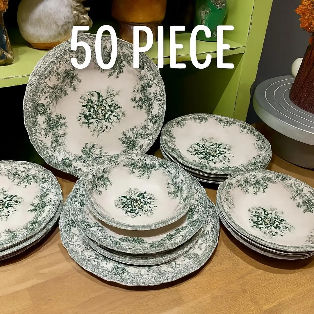 50 Piece Rustic Green Floral Porcelain Dinnerware Set – 12 Person Plates and Bowls – Farmhous... | Etsy (US)