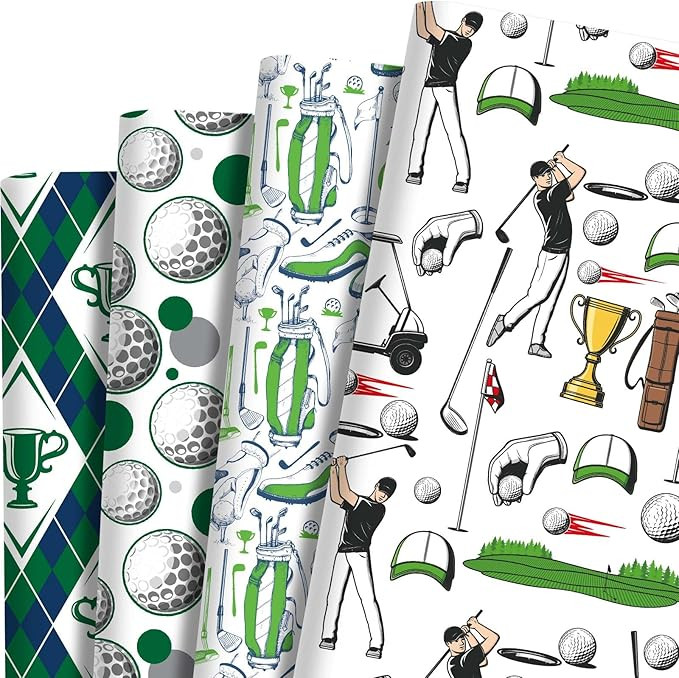 12 Sheets Golf Wrapping Paper Golf Clubs Balls Green Argyle Pattern Sports Gift Wrap Paper for Go... | Amazon (US)