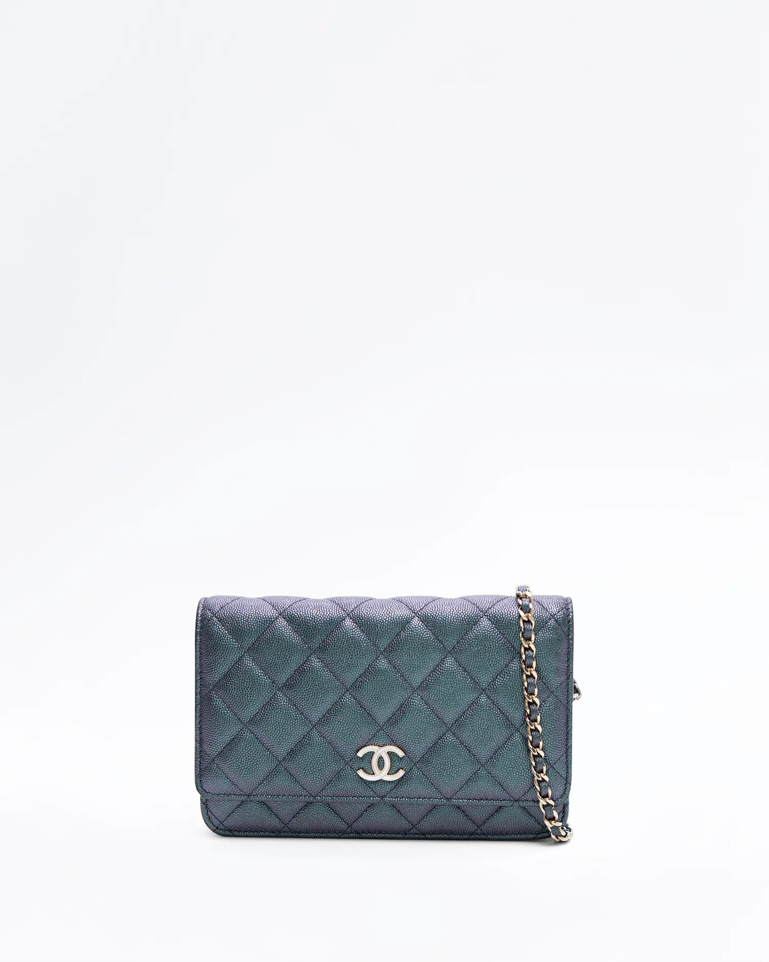 Iridescent Caviar Quilted Wallet on a Chain | Vivrelle