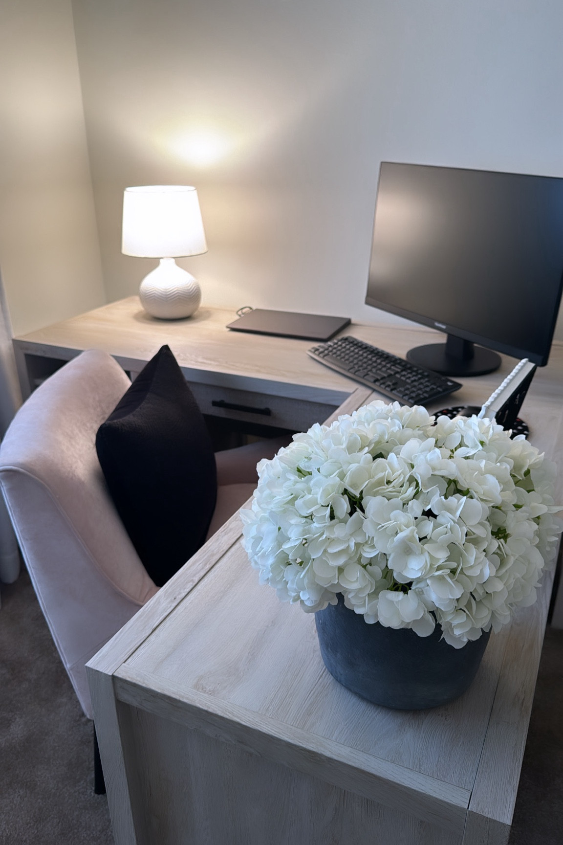 L shape desk, sauder, wfh, hwa, work from home, home office, desk chair, monitor, wireless keyboard, wireless mouse, small lamp, target, threshold, white lamp, Afloral, faux hydrangeas 

#LTKU #LTKhome #LTKSeasonal