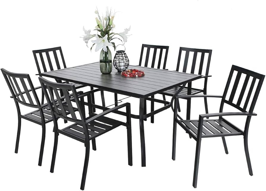 PHI VILLA 7 Piece Outdoor Patio Dining Set for 6, 60” Rectangular Metal Dining Table with Umbre... | Amazon (US)