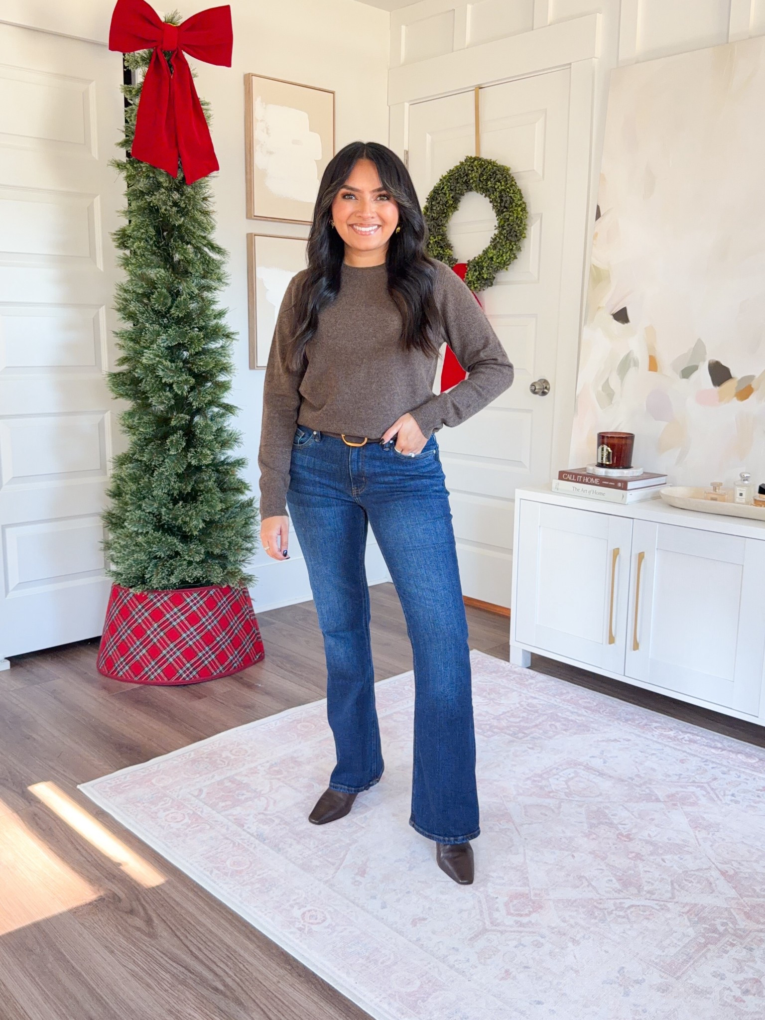 Brown sweater size xs TTS
Midnight blue flarejeans size 26, 30” inseam TTS
Brown belt size 27-31”
Brown leather boots size 5.5 TTS


#LTKPetite #LTKGiftGuide #LTKFindsUnder100