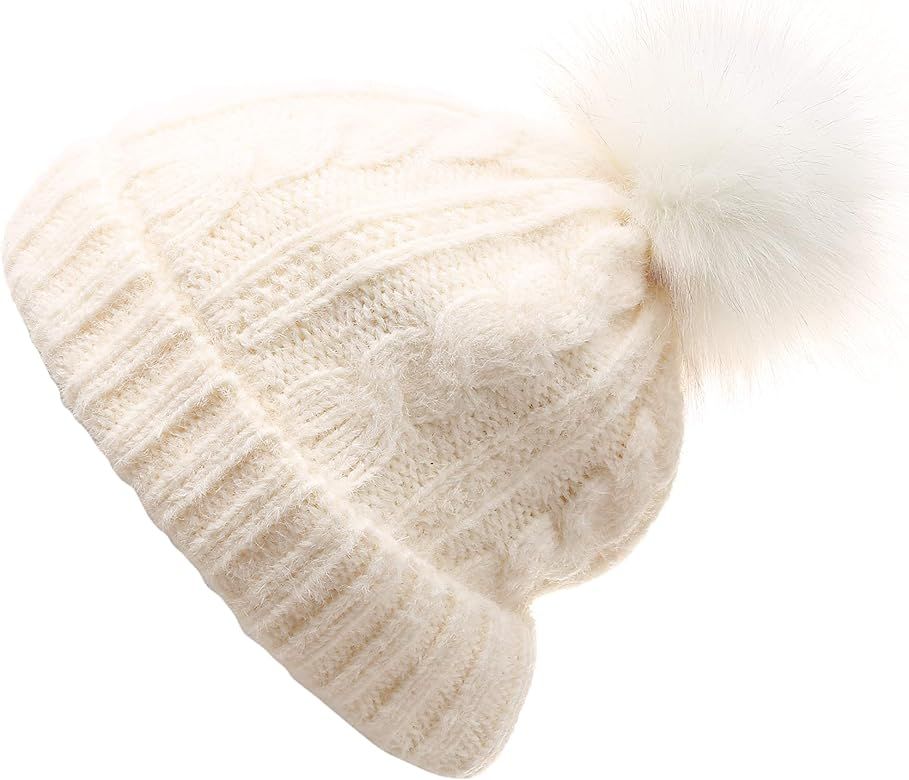 Women’s Winter Warm Stretchy Fuzzy Cable Knitted Faux Pom Pom Beanie Hat with Sherpa Lining | Amazon (US)