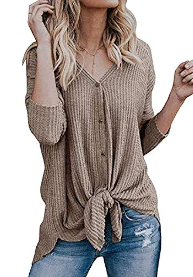 Avernon Womens Loose Long Sleeve V Neck Button Down Tie Front Knot Casual Cardigan Tops | Amazon (US)