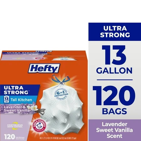 Hefty Ultra Strong 13 Gallon Trash Bags, Tall Kitchen Trash Bags, White, Lavender and Sweet Vanilla Scent, 120 Bags | Walmart (US)