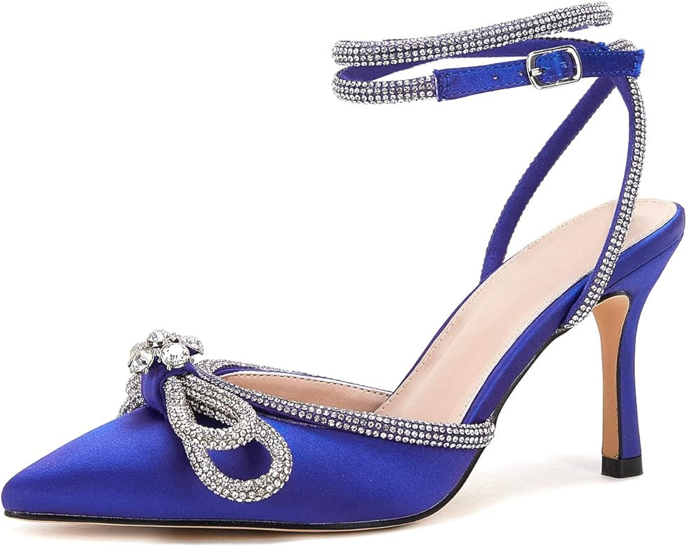 VETASTE Women's Double Bow Pointed Toe Ankle Strap Crystal Pumps Wedding Bridal Party Stilettos B... | Amazon (US)