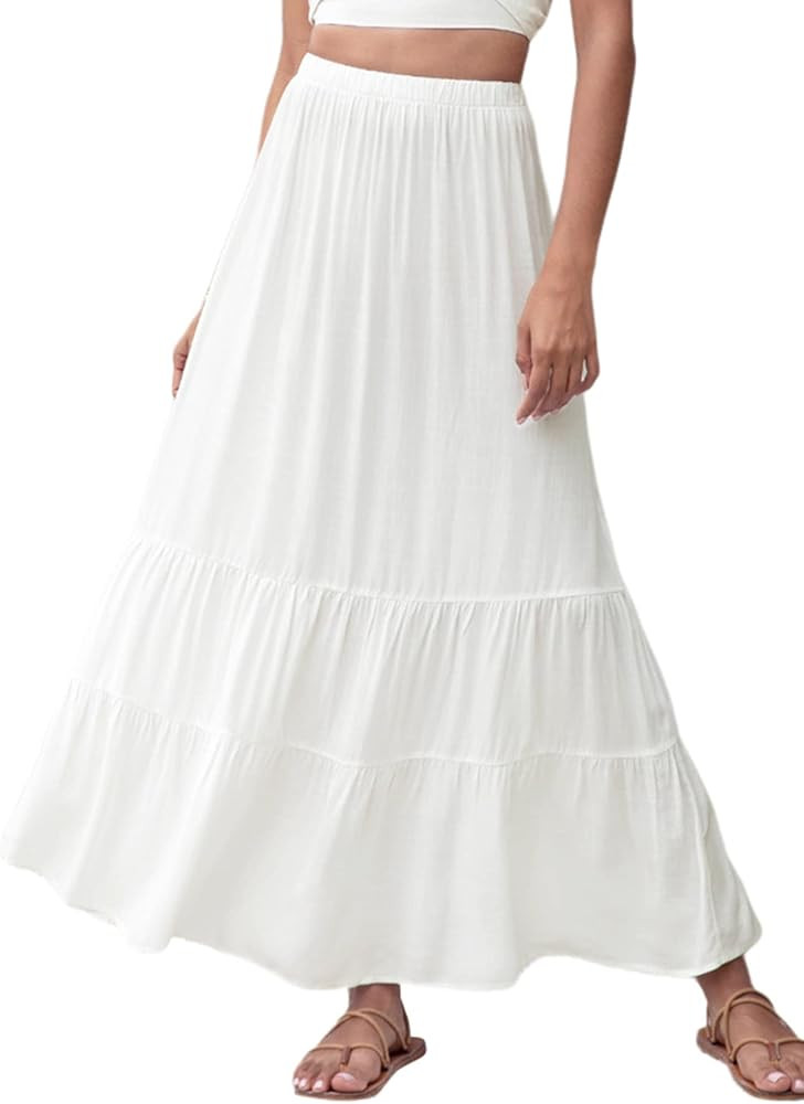 Rooscier Women's Tiered Elastic High Waisted Skirt White Maxi Skirt Outfit White Skirt Outfit Inspo | Amazon (US)
